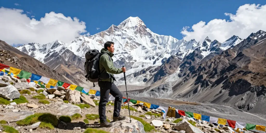 Traveler enjoying the breathtaking views at Manaslu Circuit's Larkya La Pass.