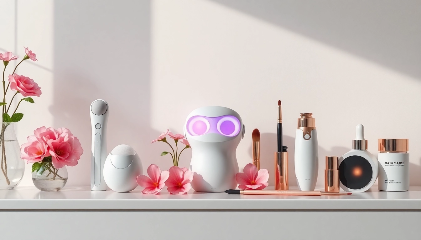 Showcase of the best beauty tools, including LED masks and cleansing brushes, in a luxurious setting.