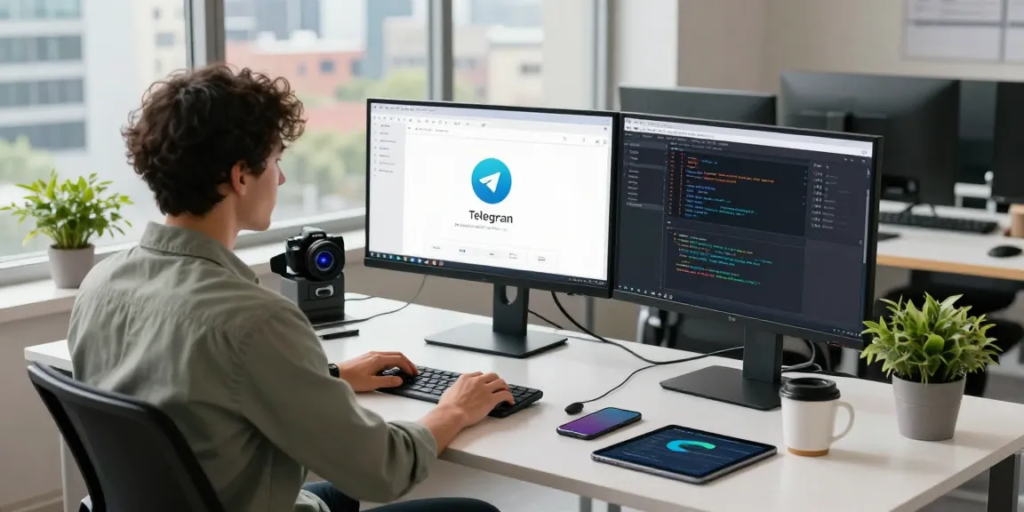 Engaging workspace with a developer using 纸飞机中文版 on dual monitors in a modern tech setting.