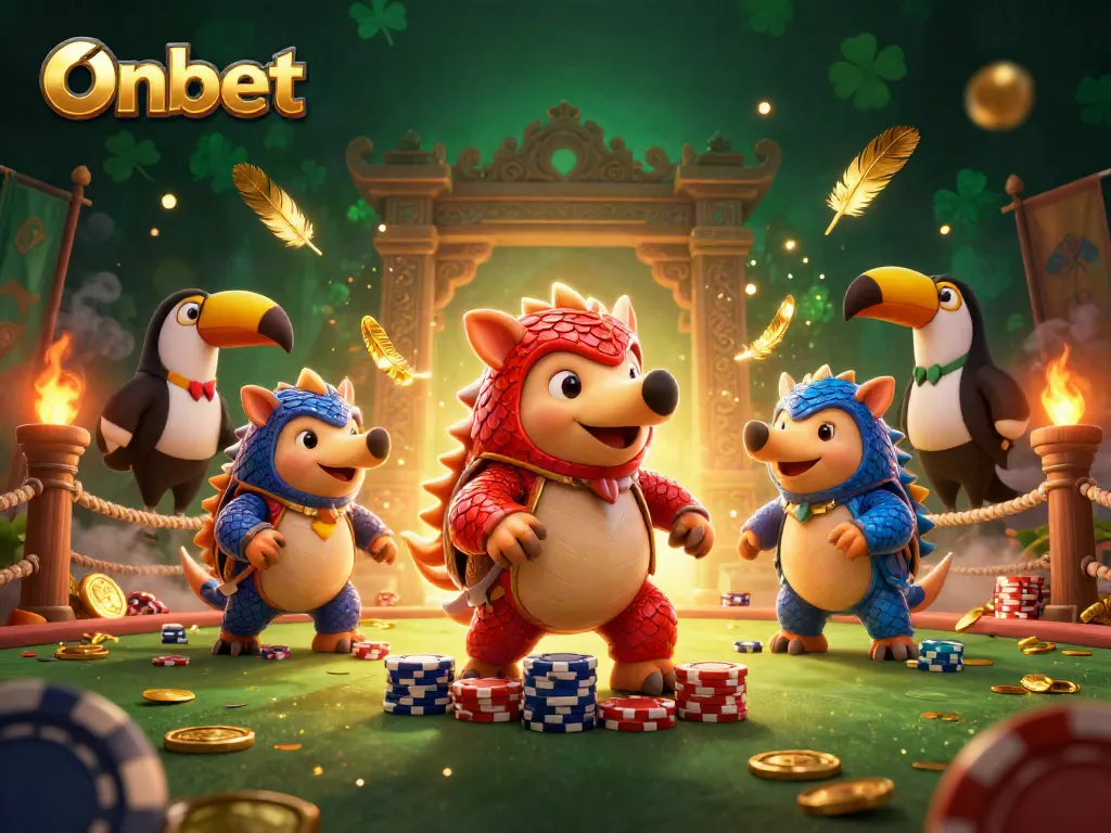 Onbet pangolin characters bowl through poker chips in a vibrant casino scene.