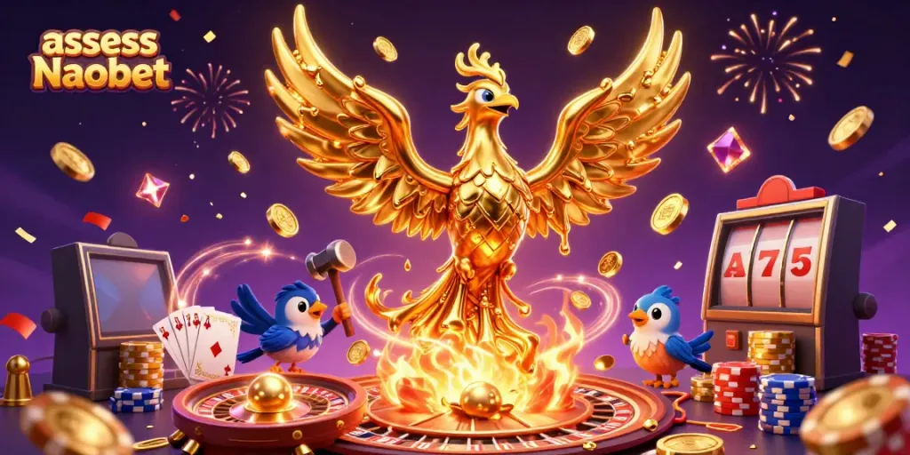 Assess Naobet with a dynamic scene of a golden phoenix, casino elements, and vibrant graphics.