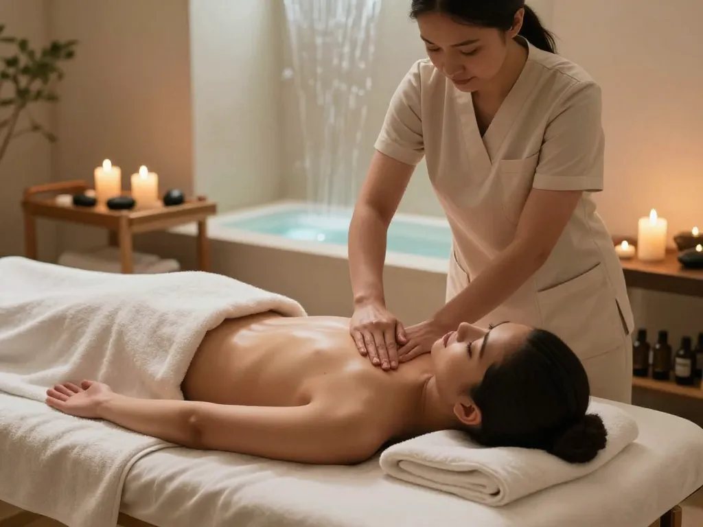 Swedish 마사지 therapy session in a tranquil spa, showcasing relaxation and comfort.