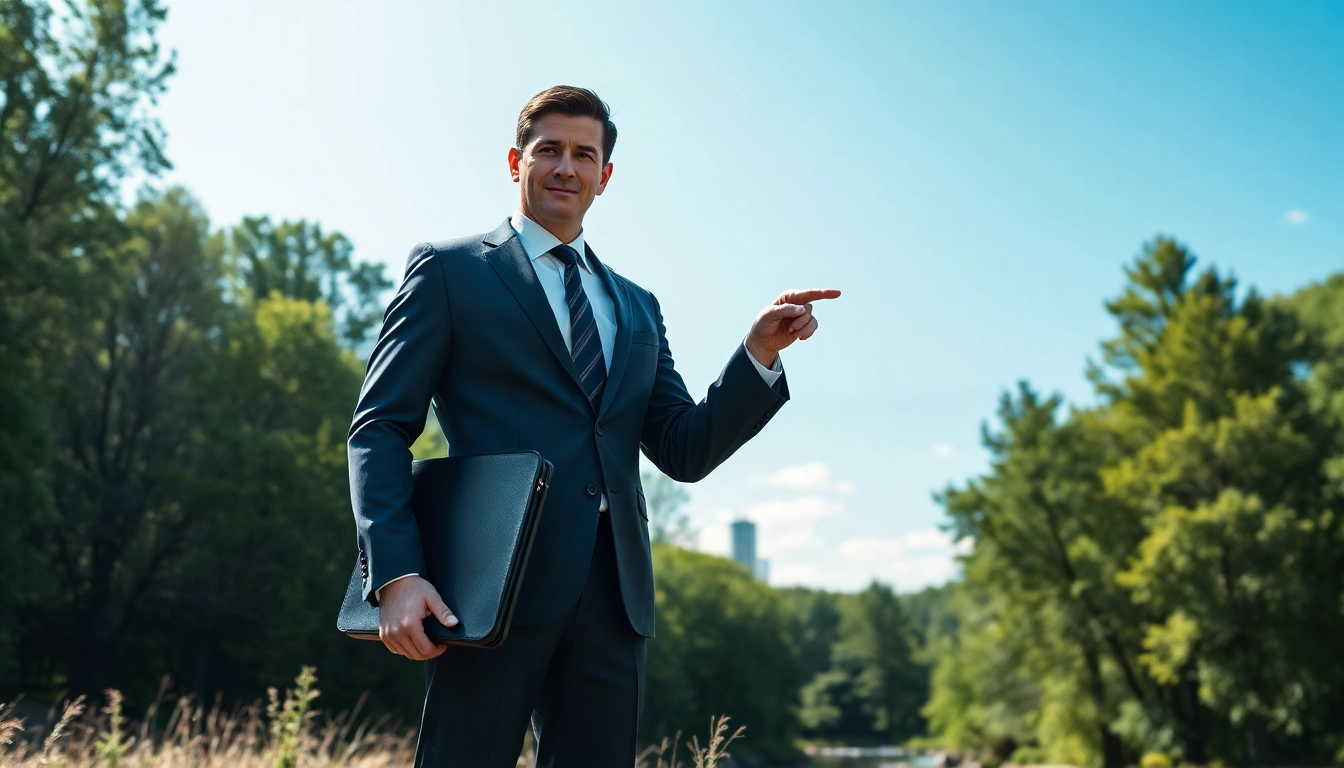 Environmental lawyer advocating for nature protection in a vibrant outdoor setting.