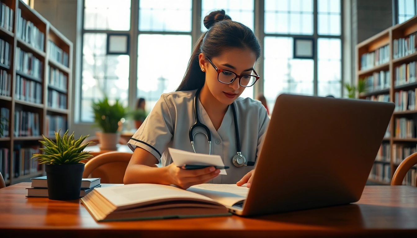 Write my nursing essay with a dedicated nursing student studying in a sunny library.