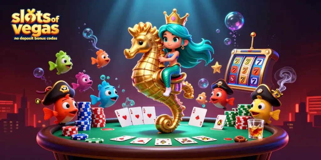 Engage with slots of vegas no deposit bonus codes through a vibrant casino-themed illustration full of excitement.