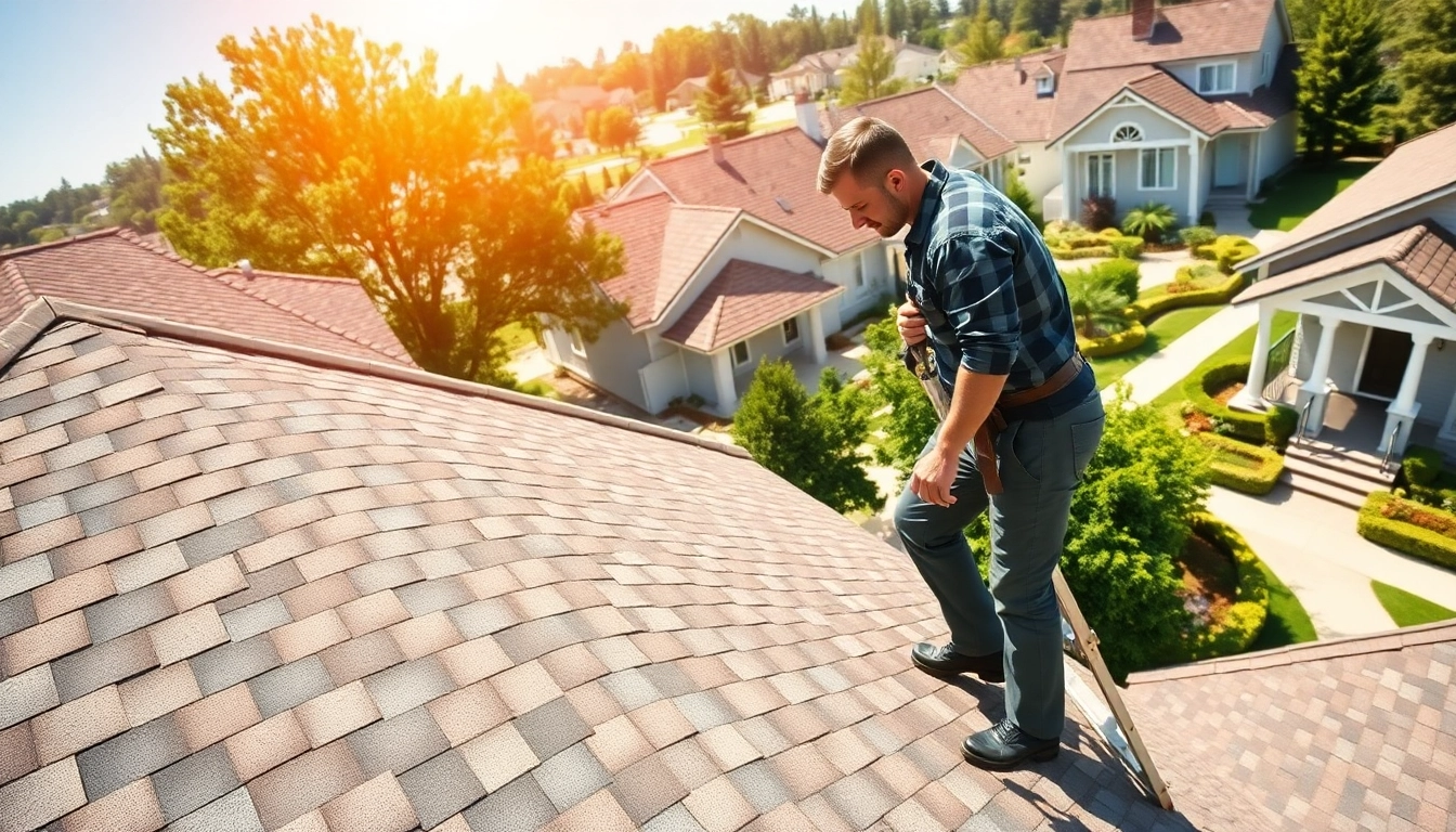 Inspecting high-quality roofing solutions with a professional contractor in a sunny neighborhood.