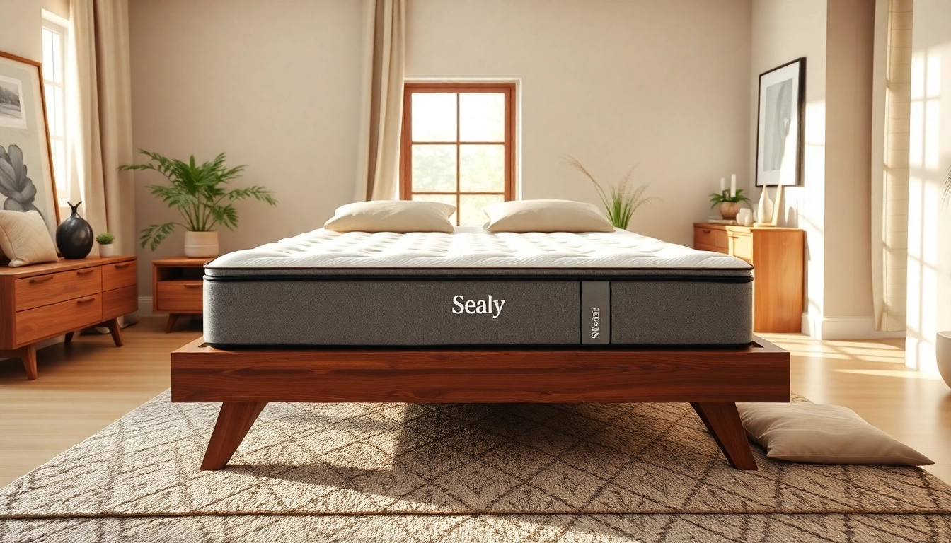 Experience comfort on a Sealy gel foam mattress in a beautifully styled bedroom setting.