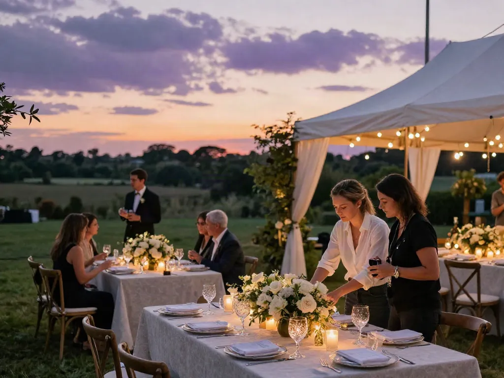 Event rentals setup featuring elegantly decorated outdoor wedding with tables, floral centerpieces, and warm lighting.