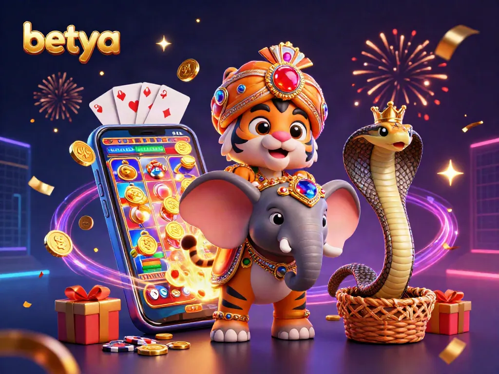 Betya players enjoying slots with 3D maharaja, elephant, and cobra in a vibrant casino scene.