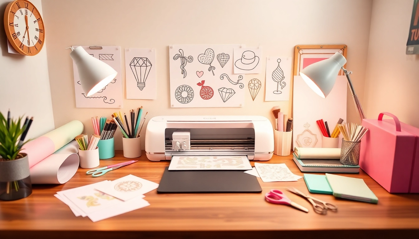 Cricut SVG workspace featuring a cutting machine and colorful materials for crafting.