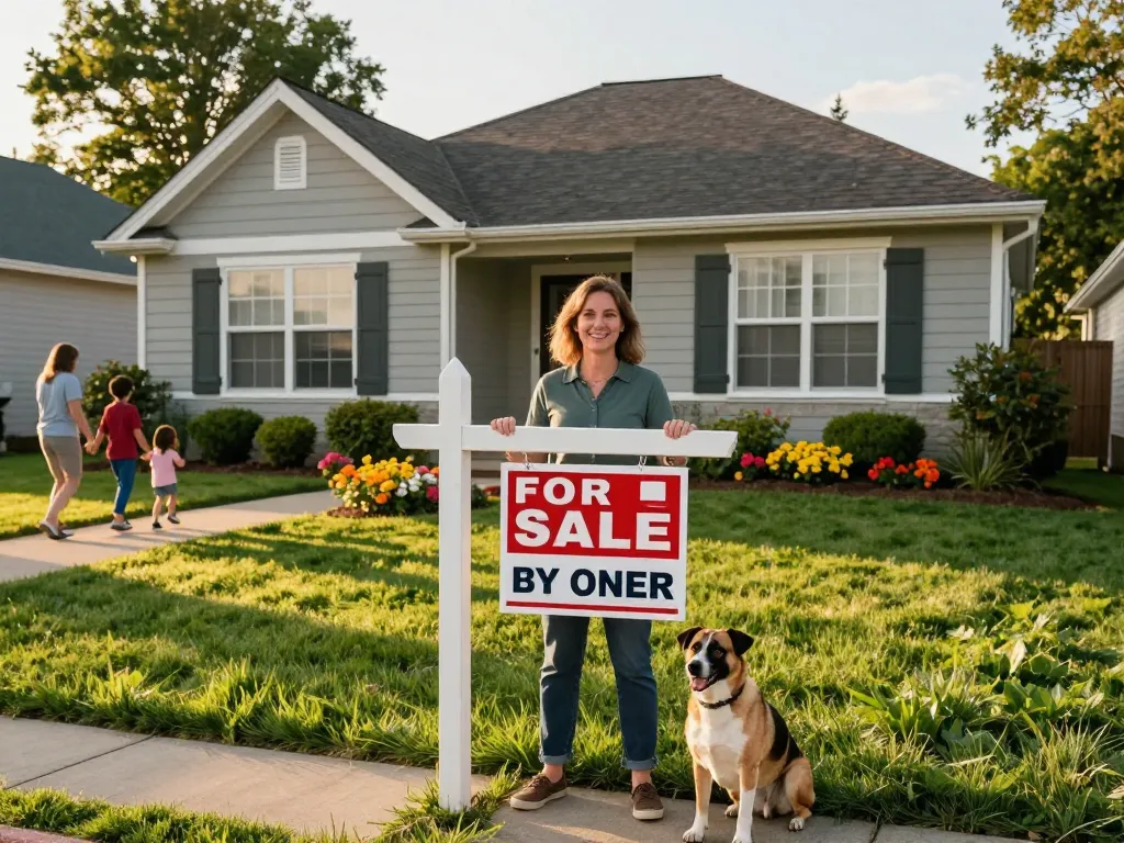 Sell house without realtor: Homeowner proudly displaying "For Sale By Owner" sign in front of inviting suburban home.