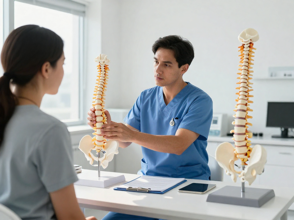 Bel fıtığı ameliyatı consultation in a modern medical facility with an orthopedic surgeon helping a patient.