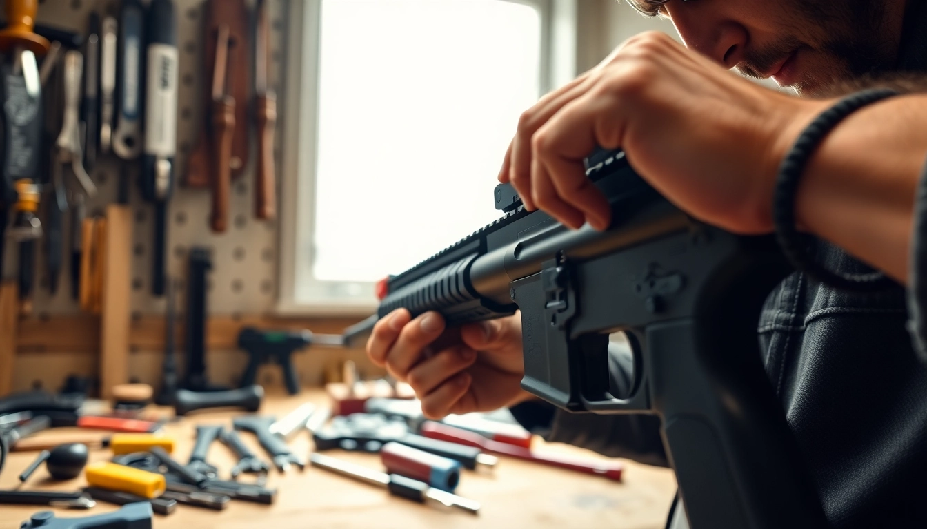 Illustration of a professional installing an AR 10 trigger, showcasing detailed tools on a workbench.