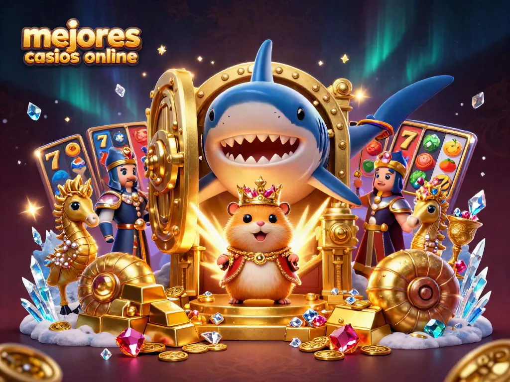 Los mejores casinos online, ilustración del rey hámster y guardias marinos entre oro y tragamonedas