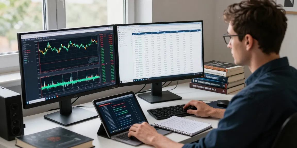 Trader utilizing MetaTrader 4 in a dynamic trading setup with dual screens displaying forex charts and market analysis.