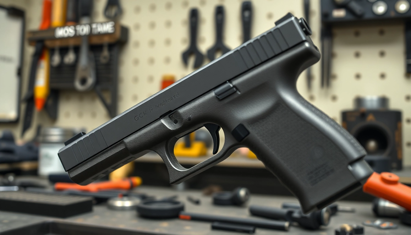 Showcase of glock 19 gen 5 mos slide with detailed engineering in a workshop setting