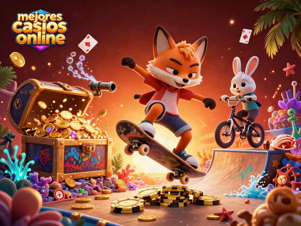 Conoce los mejores casinos online a través de una animación vibrante que representa un zorro y un conejo en un ambiente de juego dinámico.