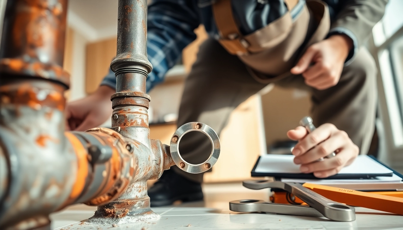 Whole house repiping services Clearwater FL with a plumber inspecting corroded pipes and tools.