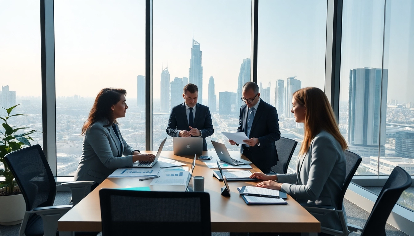 Audit Services in Dubai professionals discussing financial reports in a modern office.