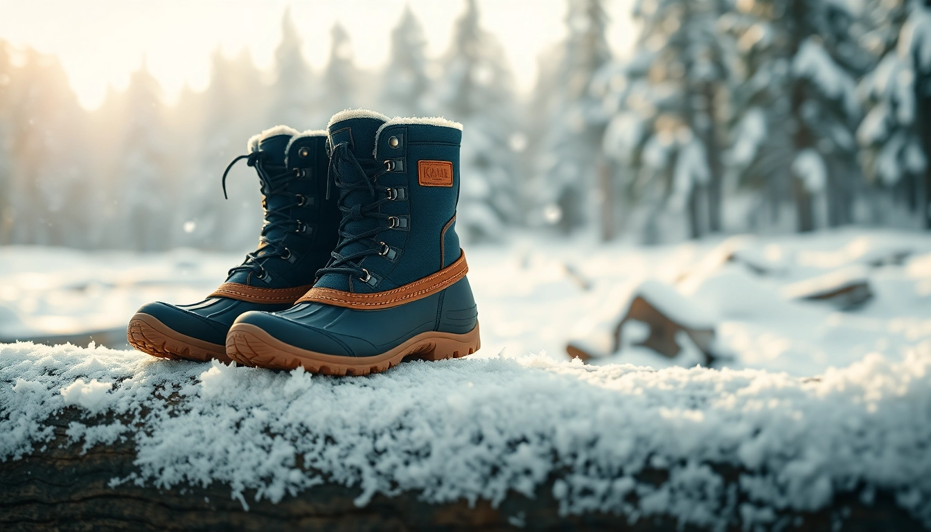 Kamik winter boots displayed on a snowy log, showcasing their rugged design and vibrant colors.