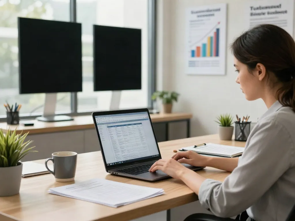 Tax preparer using software for starting a tax preparation business in a modern office setting.