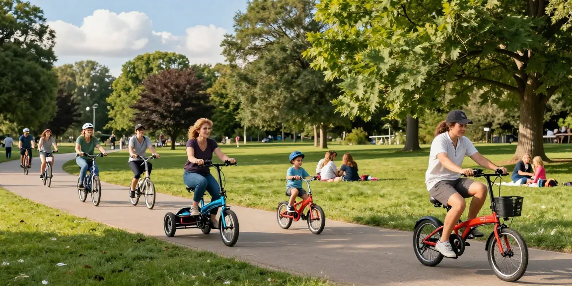 People riding tricycles together in a sunny park, enjoying outdoor fun.