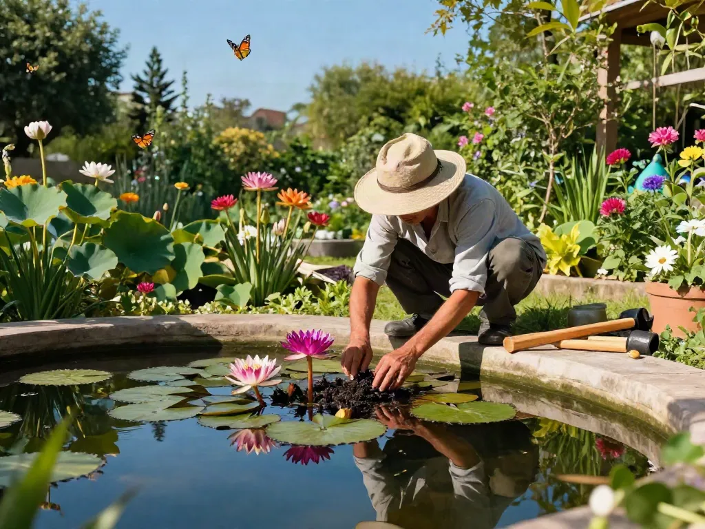 Buy pond plants online in a serene pond garden scene with a gardener planting vibrant aquatic flowers.