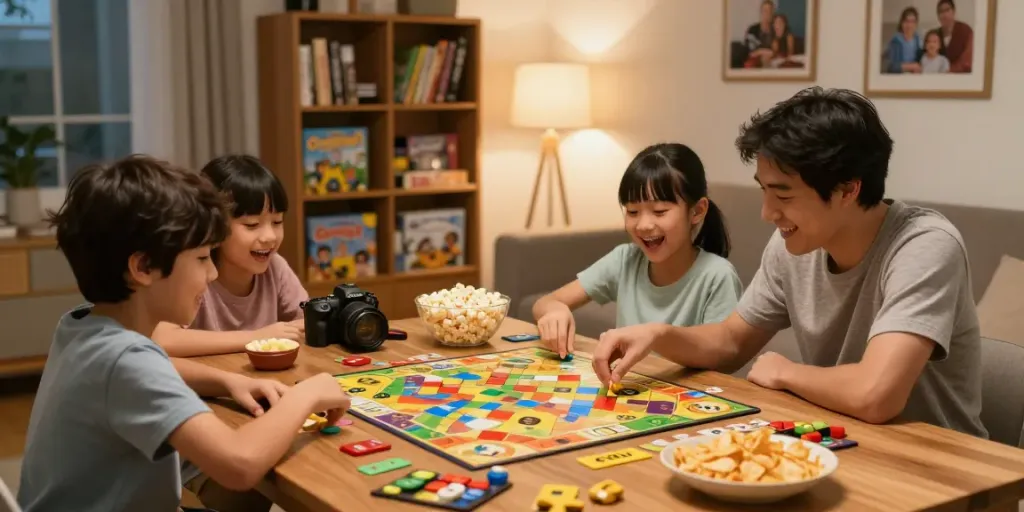 Family enjoying board games at home, showcasing Qwirkle and Catan, with a cozy environment.
