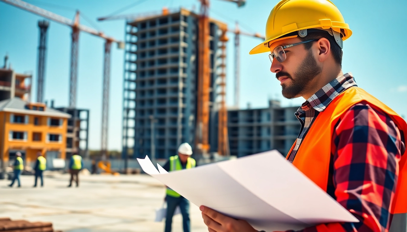Construction career exploration: A construction worker analyzing blueprints at a job site.