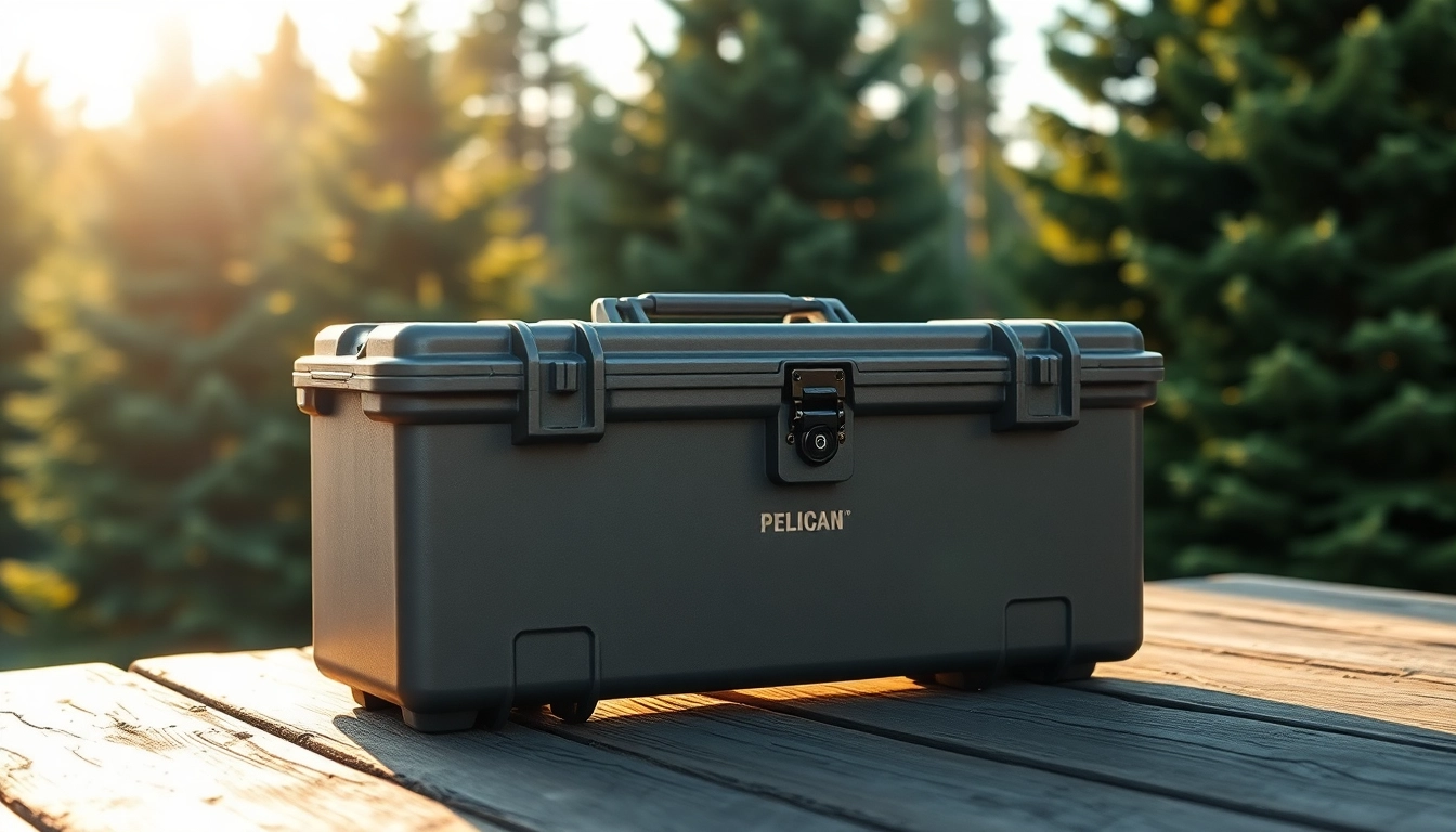 Showcasing a pelican rifle case with rugged details in an outdoor setting, enhancing its durability.