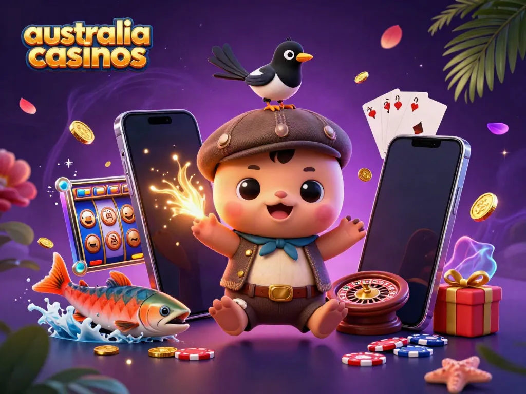 Australia casinos artwork featuring cute characters and vibrant gaming elements, illustrating the excitement of online gambling.