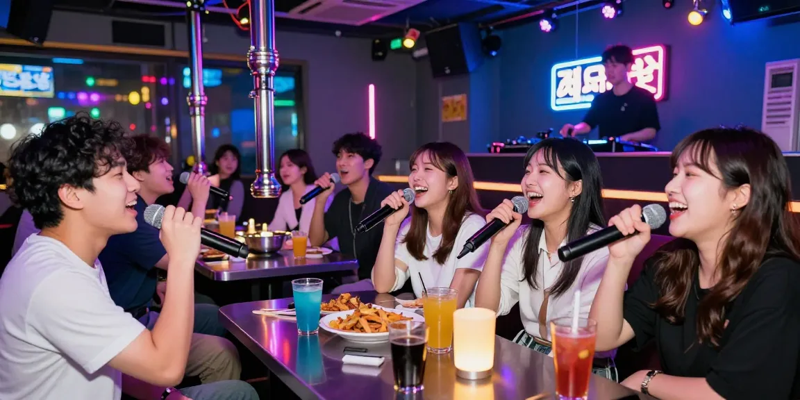 Fun friends enjoying 제주유흥 at a lively karaoke bar, capturing the vibrant nightlife experience.