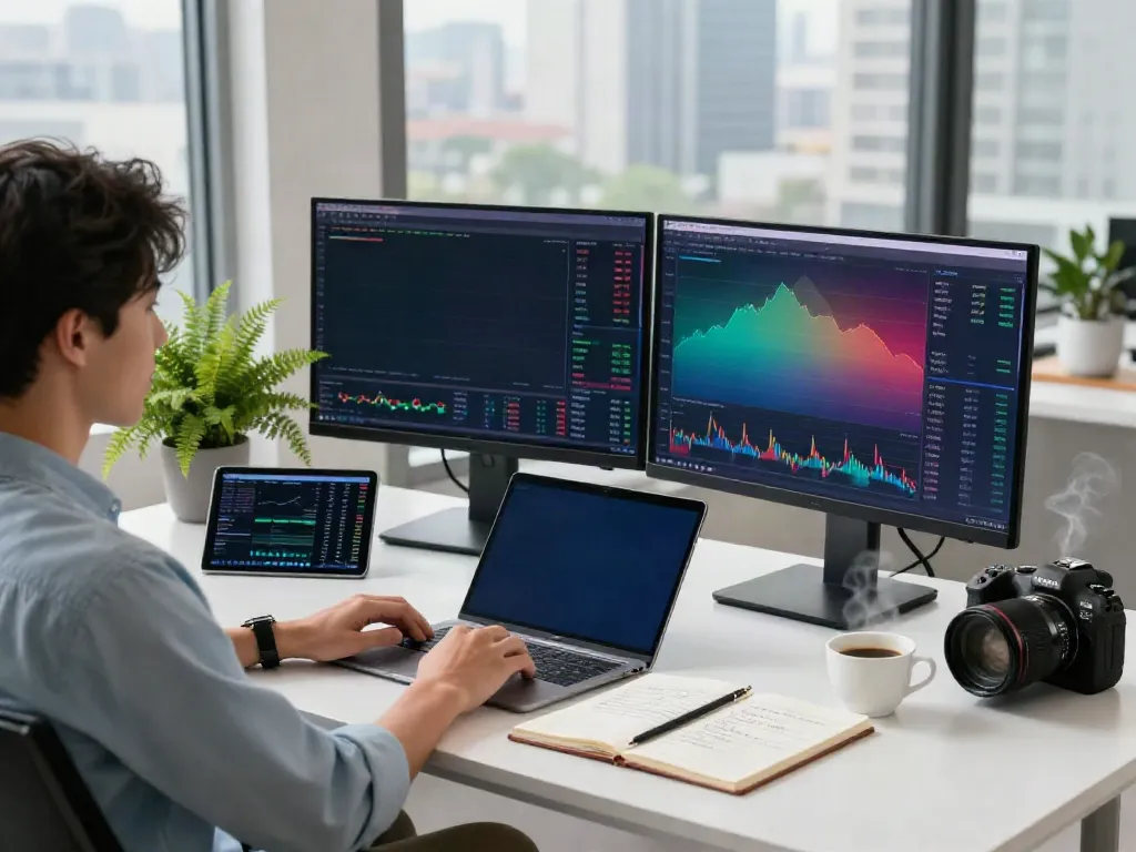 Analyst reviewing FintechZoom.com stock charts in a modern workspace