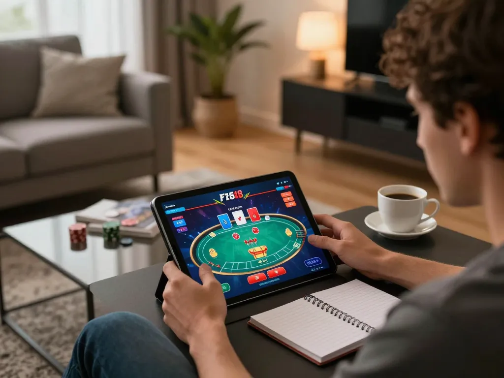 Player enjoying F168 online casino gaming on a tablet at home, showcasing strategic poker gameplay