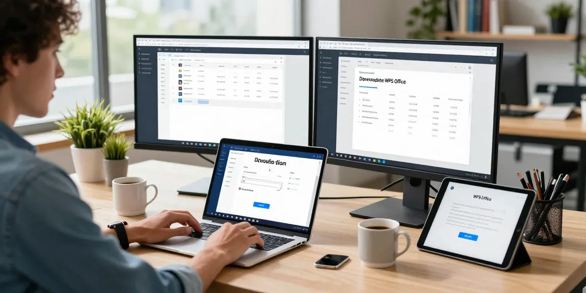 Download WPS Office on a laptop in a vibrant workspace with productivity tools.