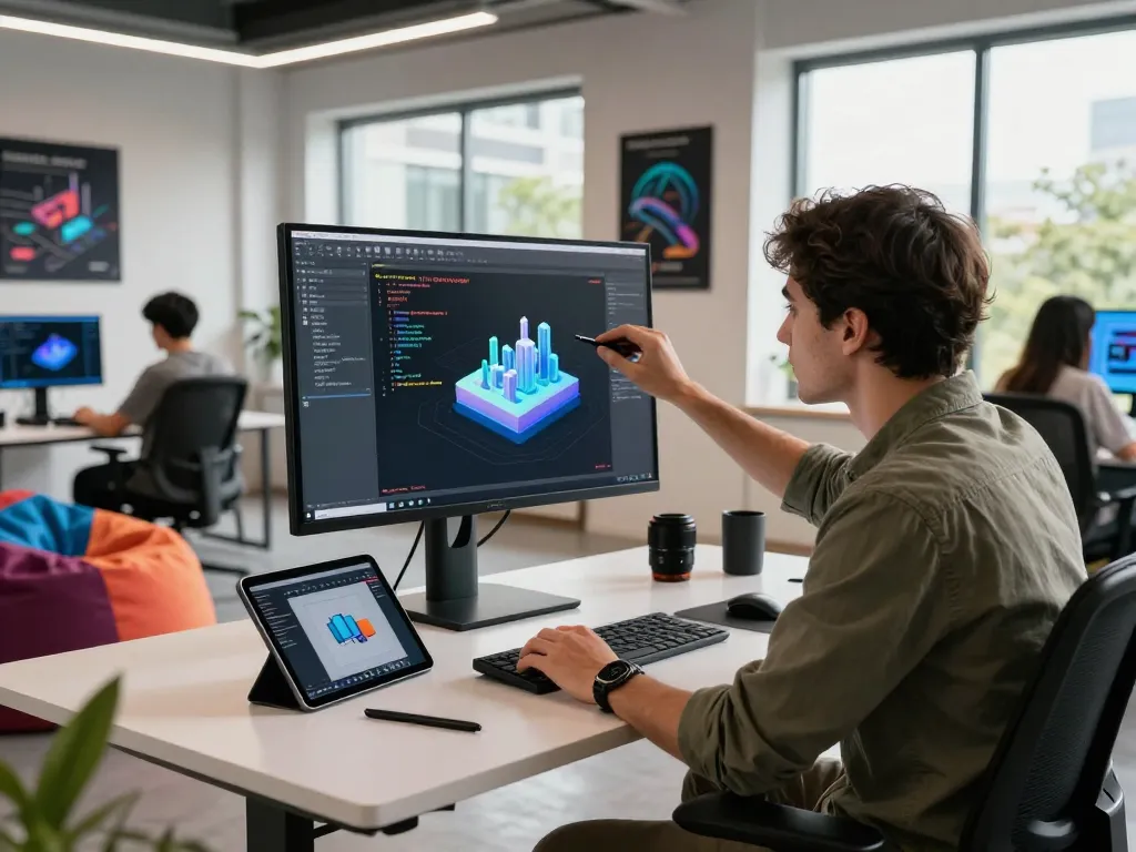 Developer using 3D product configurator software in a modern workspace