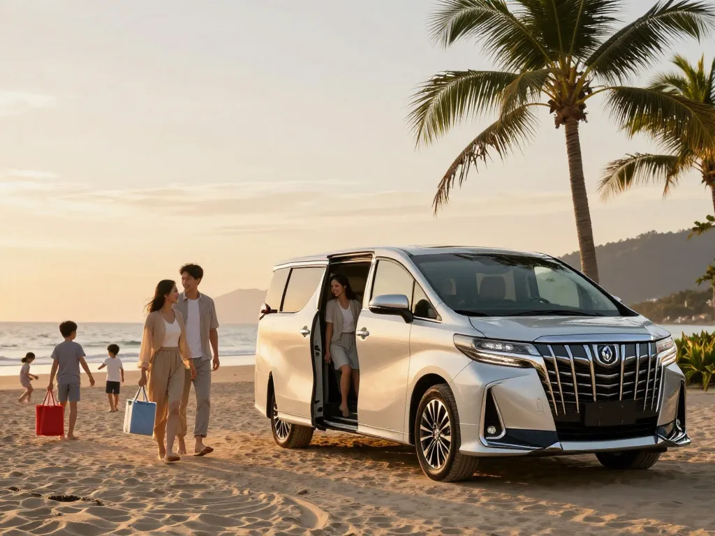 Trải nghiệm du lịch sang trọng với Toyota Alphard tại bãi biển, hoàn hảo cho những cuộc phiêu lưu gia đình.