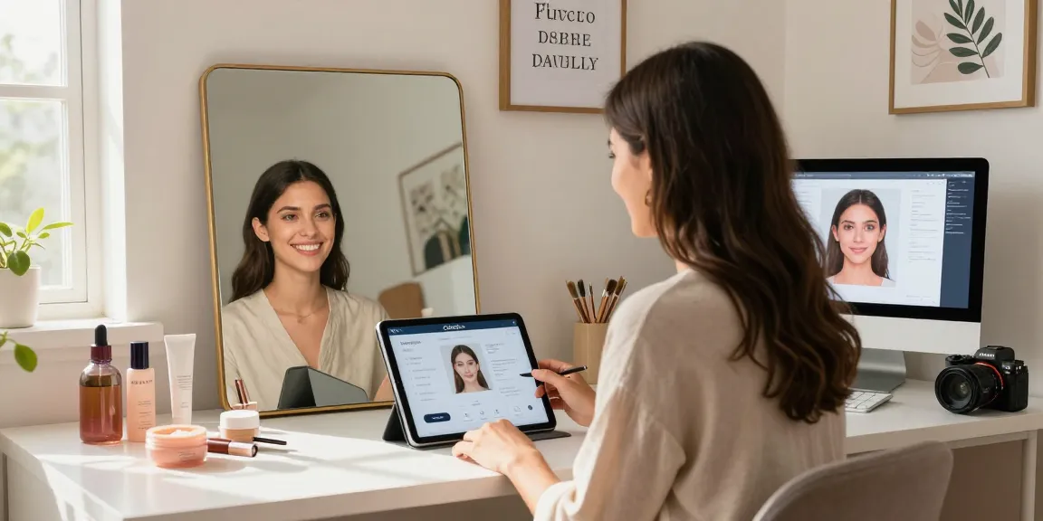 ClinicEvo is a better alternative to QOVES, showcasing a user happily engaging with beauty consultation tools in a stylish workspace.