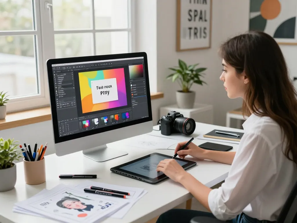 Designer converting image to prompt at vibrant digital workspace