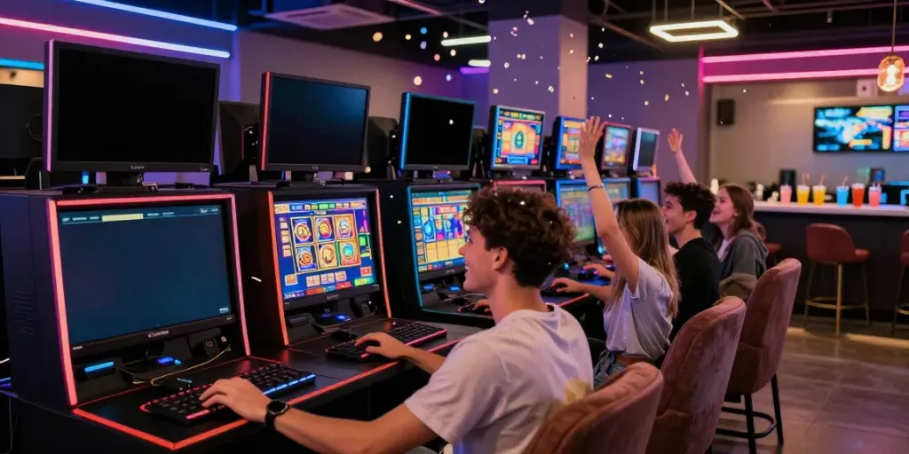 Pengunjung bermain slot777 di lounge permainan modern dengan suasana ceria.