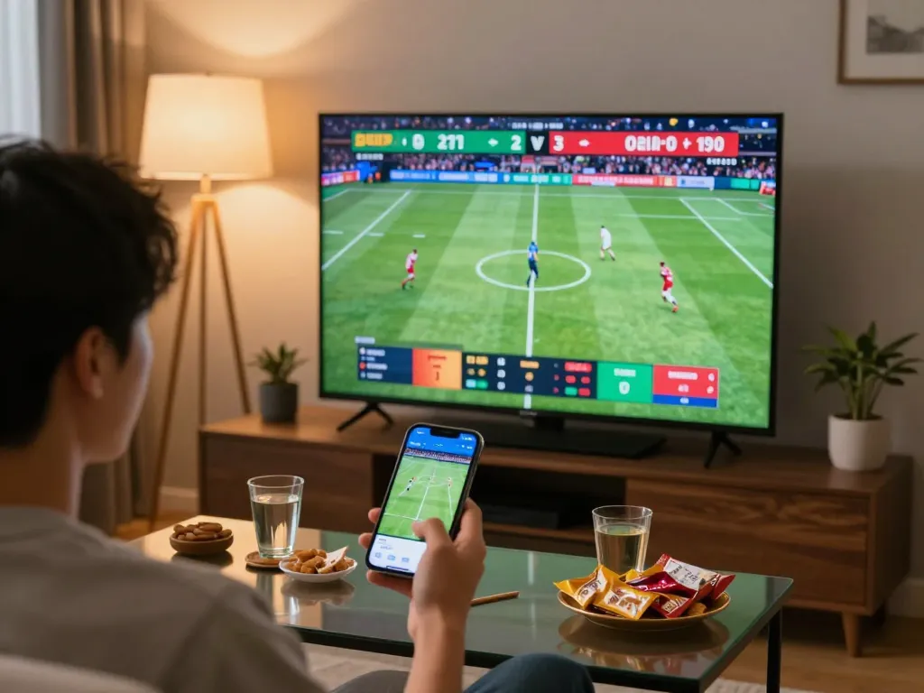 Engaging online sports betting at https://va88.moe/ as player analyzes odds on smartphone while watching live games.