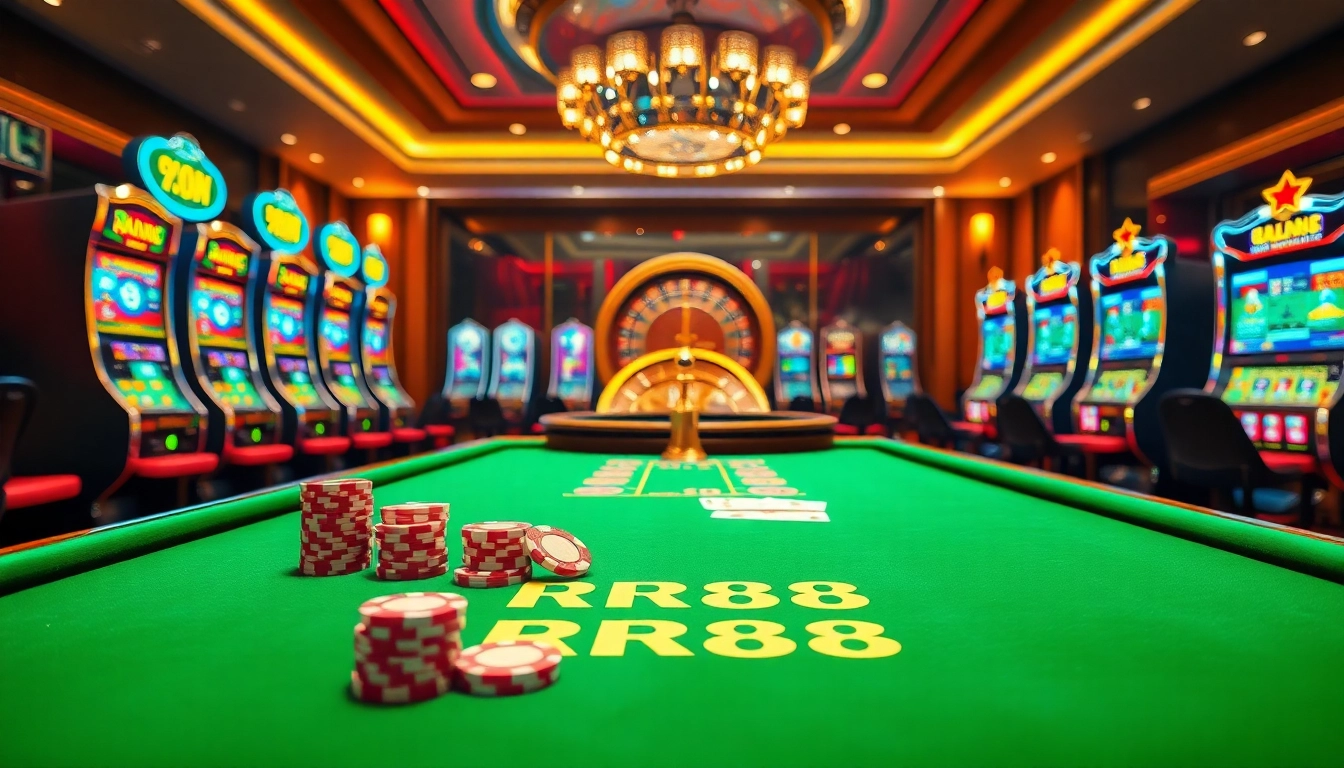Experience RR88's vibrant casino scene, featuring an elegant poker table, exciting slot machines, and a glowing roulette wheel.