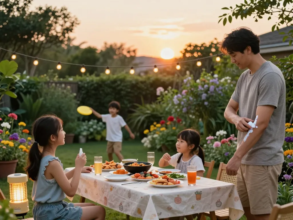 Family applying mosquito repellent during a summer barbecue, enjoying outdoor fun while staying protected.