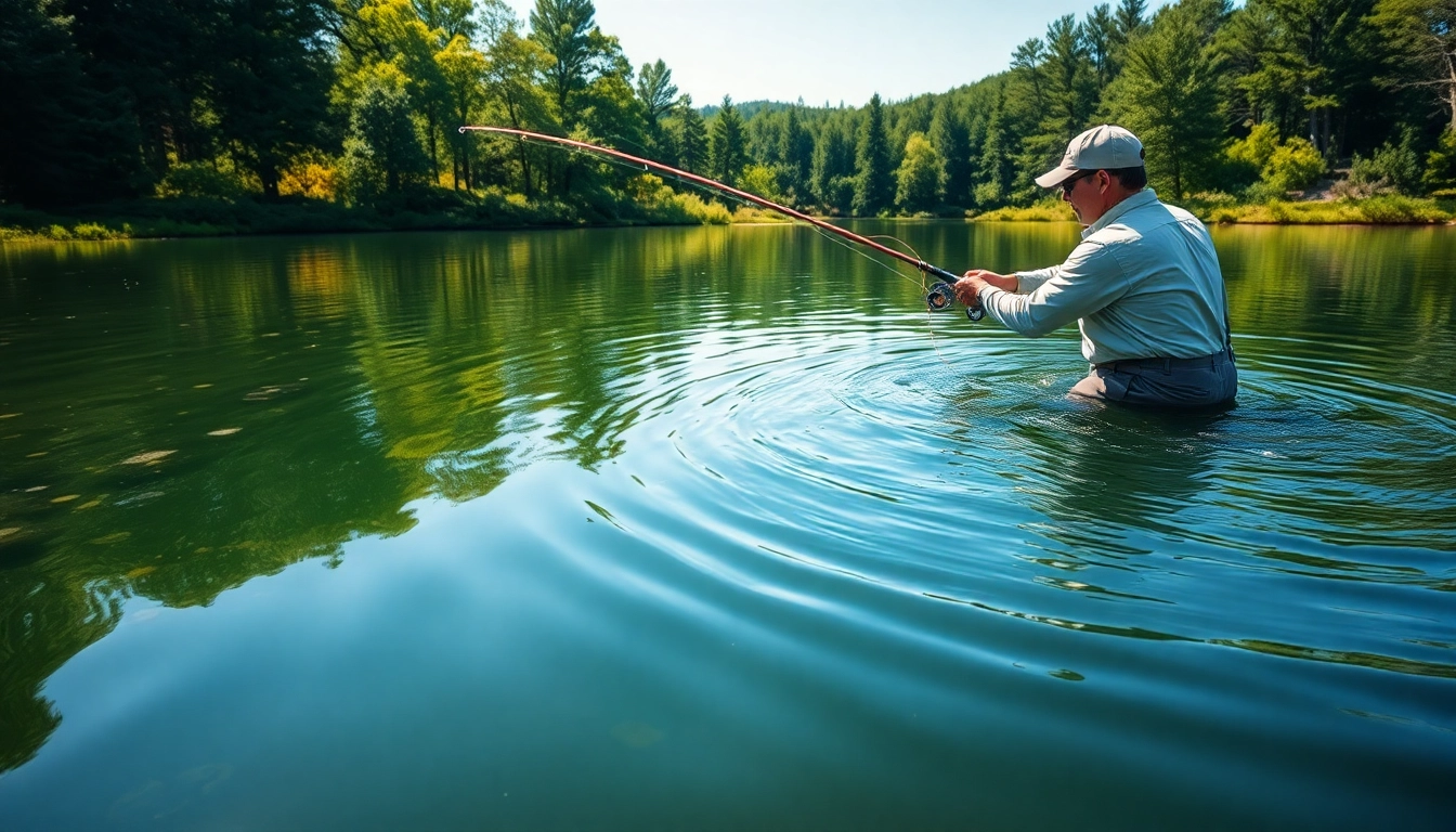 Casting for bass while fly fishing in a tranquil lake surrounded by lush greenery.