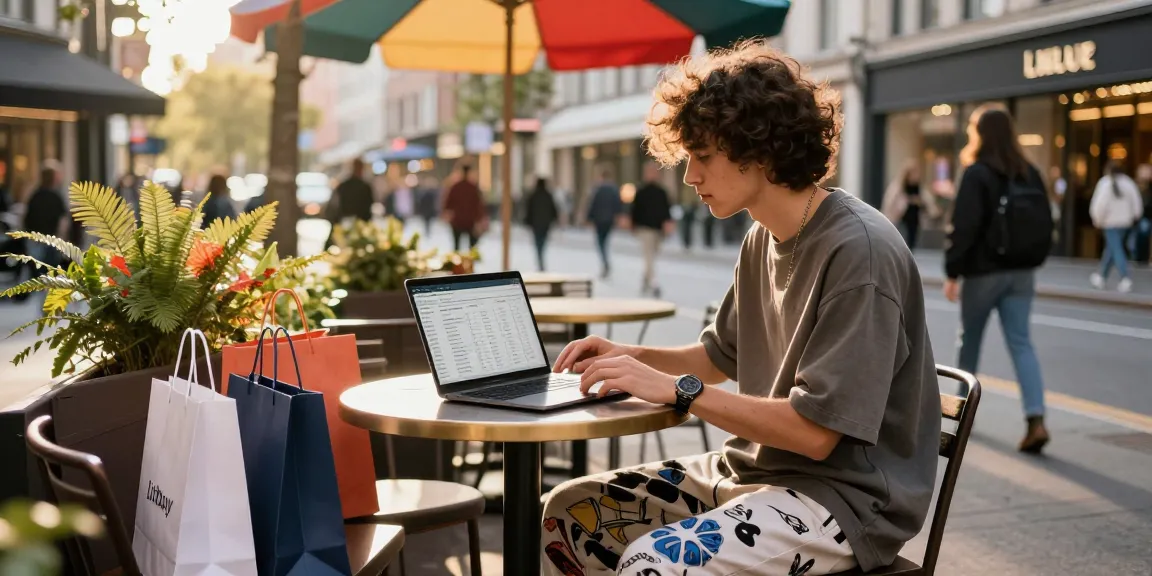 Fashionable individual browsing a Litbuy spreadsheet in an urban café setting, showcasing modern streetwear and shopping culture.