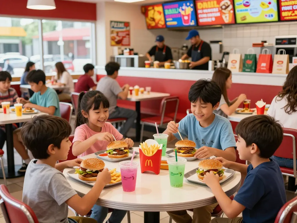 Enjoy a delicious fast food menu with a family at a vibrant restaurant.