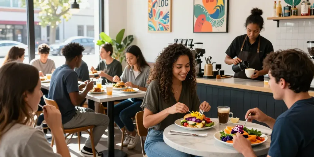 Enjoying the best breakfast Austin offers with NYC-inspired sandwiches in a vibrant café.
