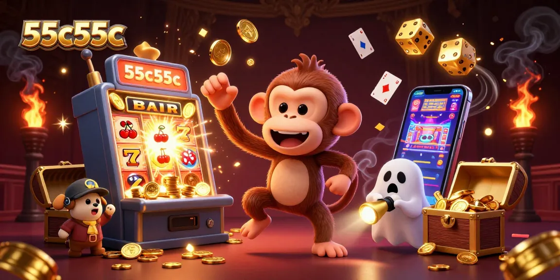 Join the fun at 55c55c with a poltergeist monkey juggling golden casino treasures amidst a jackpot explosion.