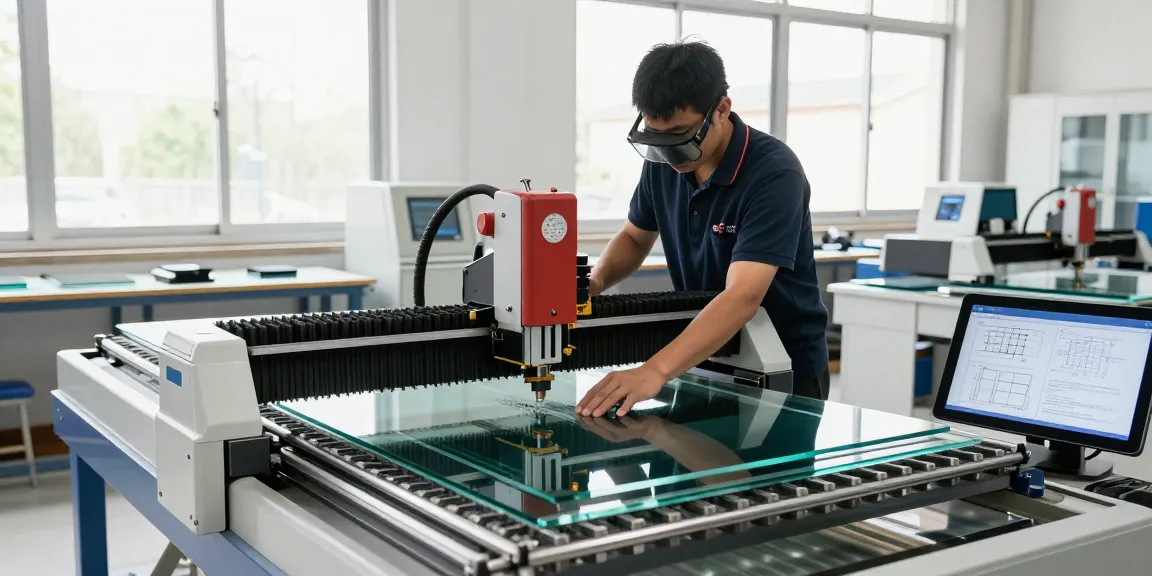 CNC glass cutting machine in a modern workshop, showcasing advanced glass processing technology.