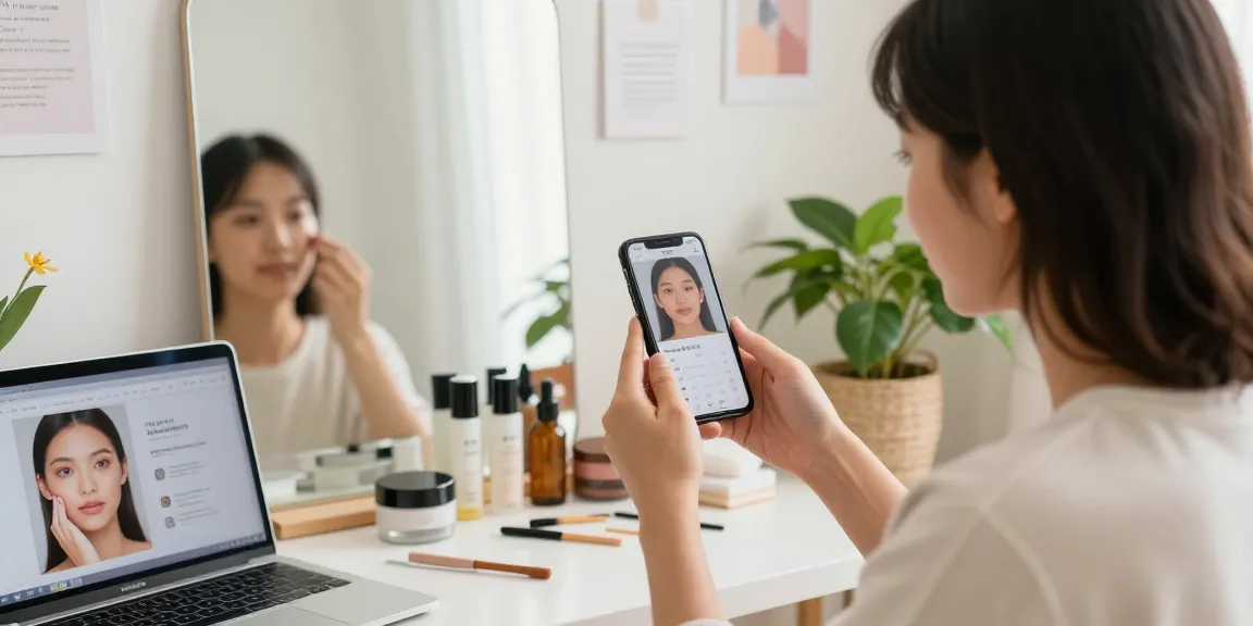 Person taking a test of attractiveness with smartphone in a beautifying home environment.